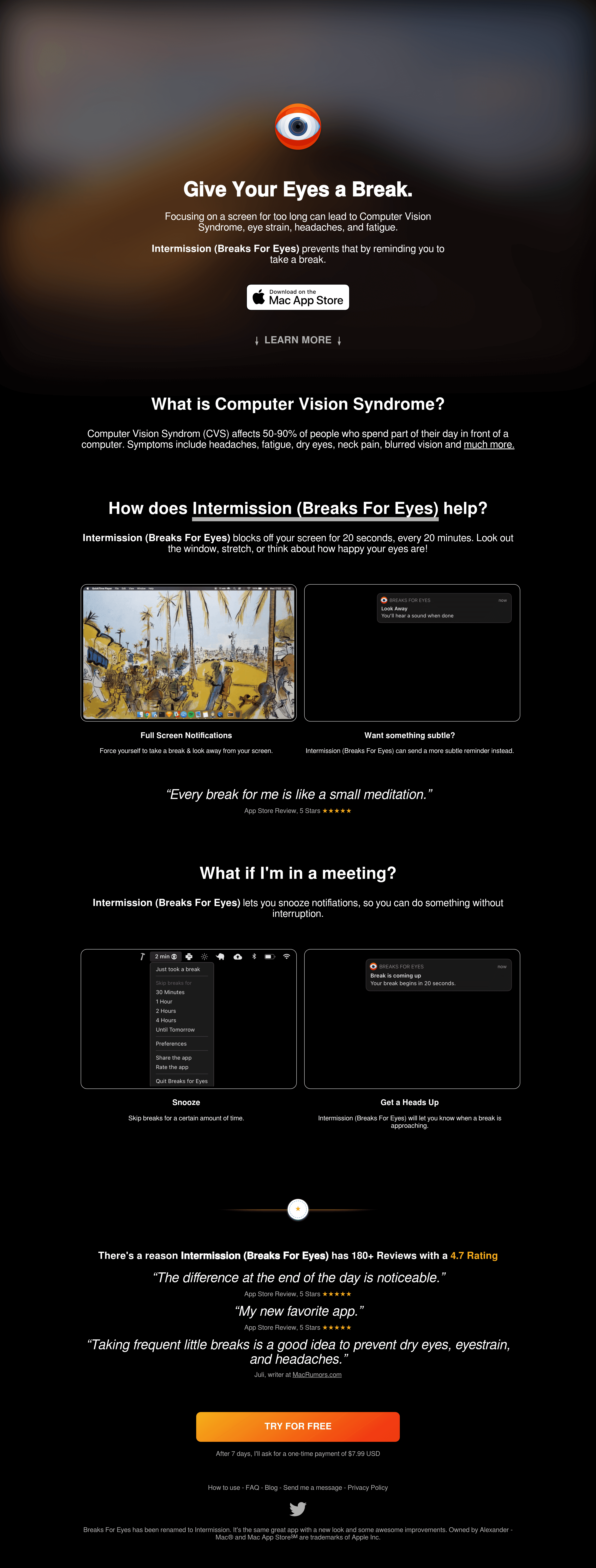 Breaksforeyes startup landing page screenshot