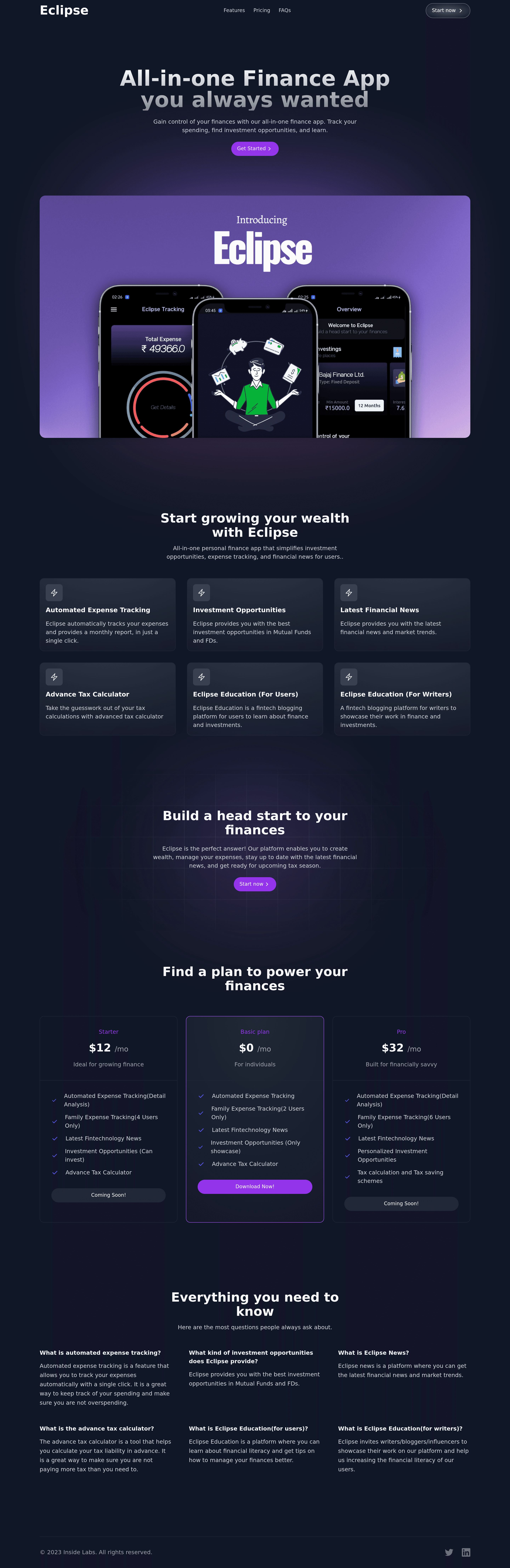 Eclipsefin startup landing page screenshot