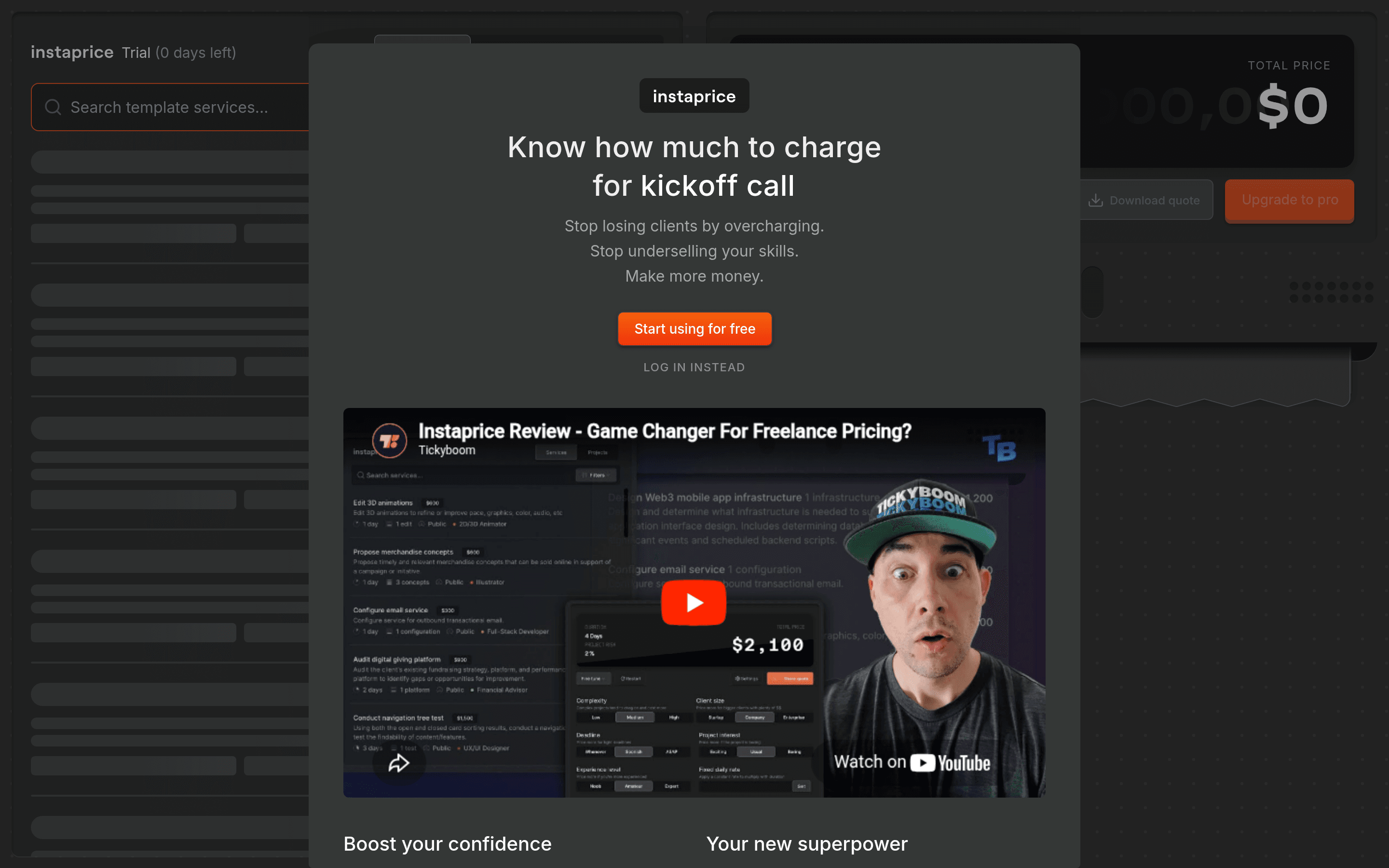 instaprice startup landing page screenshot