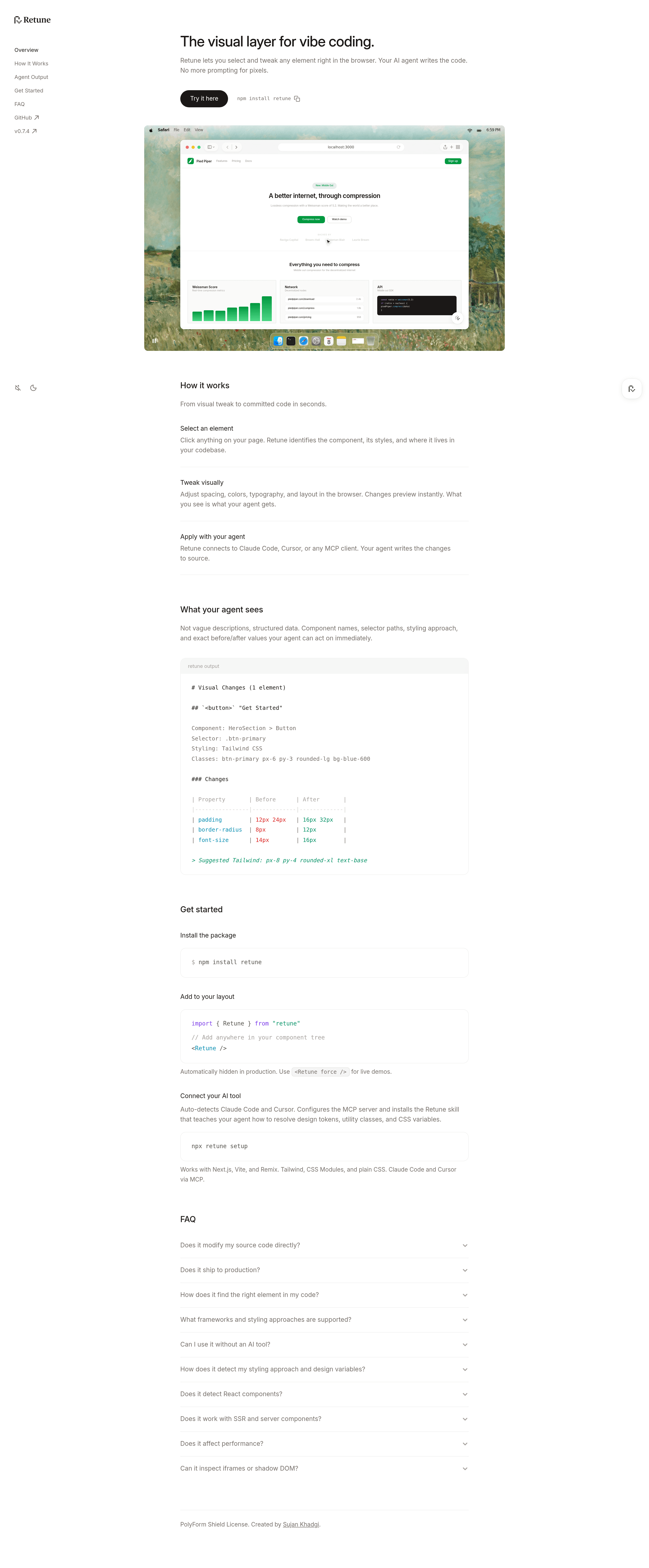 Retune startup landing page screenshot