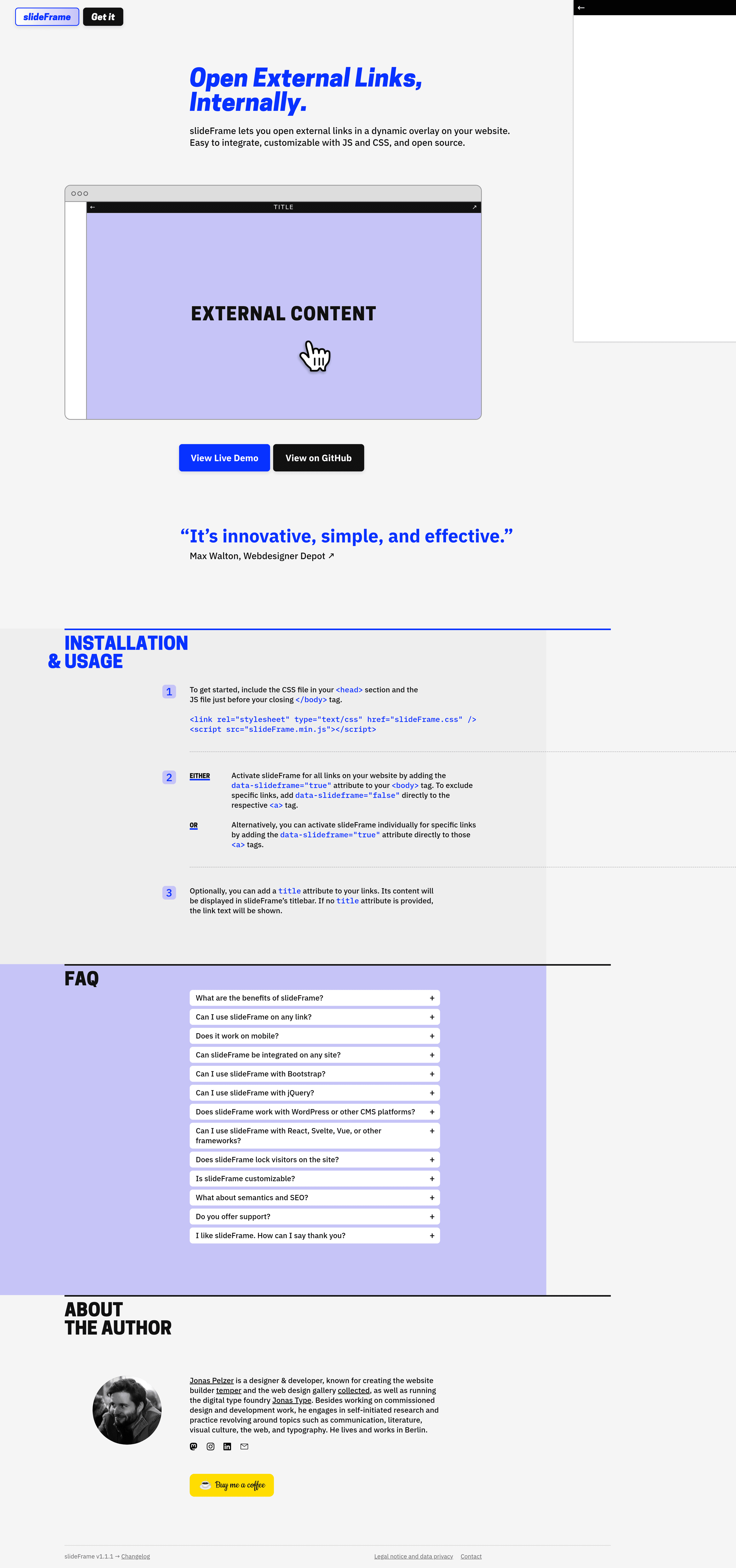 slideFrame startup landing page screenshot