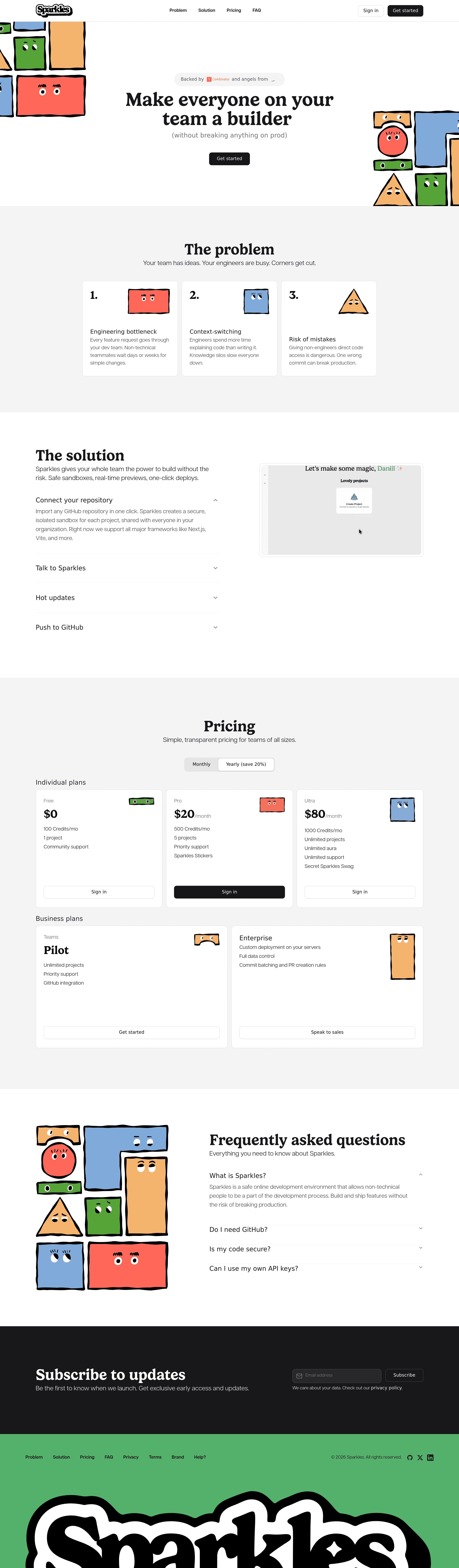Sparkles landing page screenshot