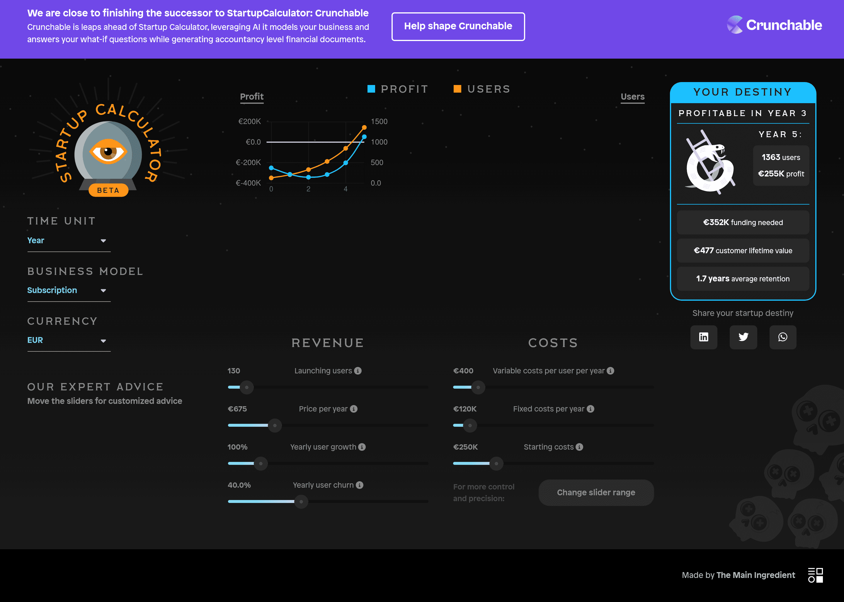 Startup Calculator startup landing page screenshot