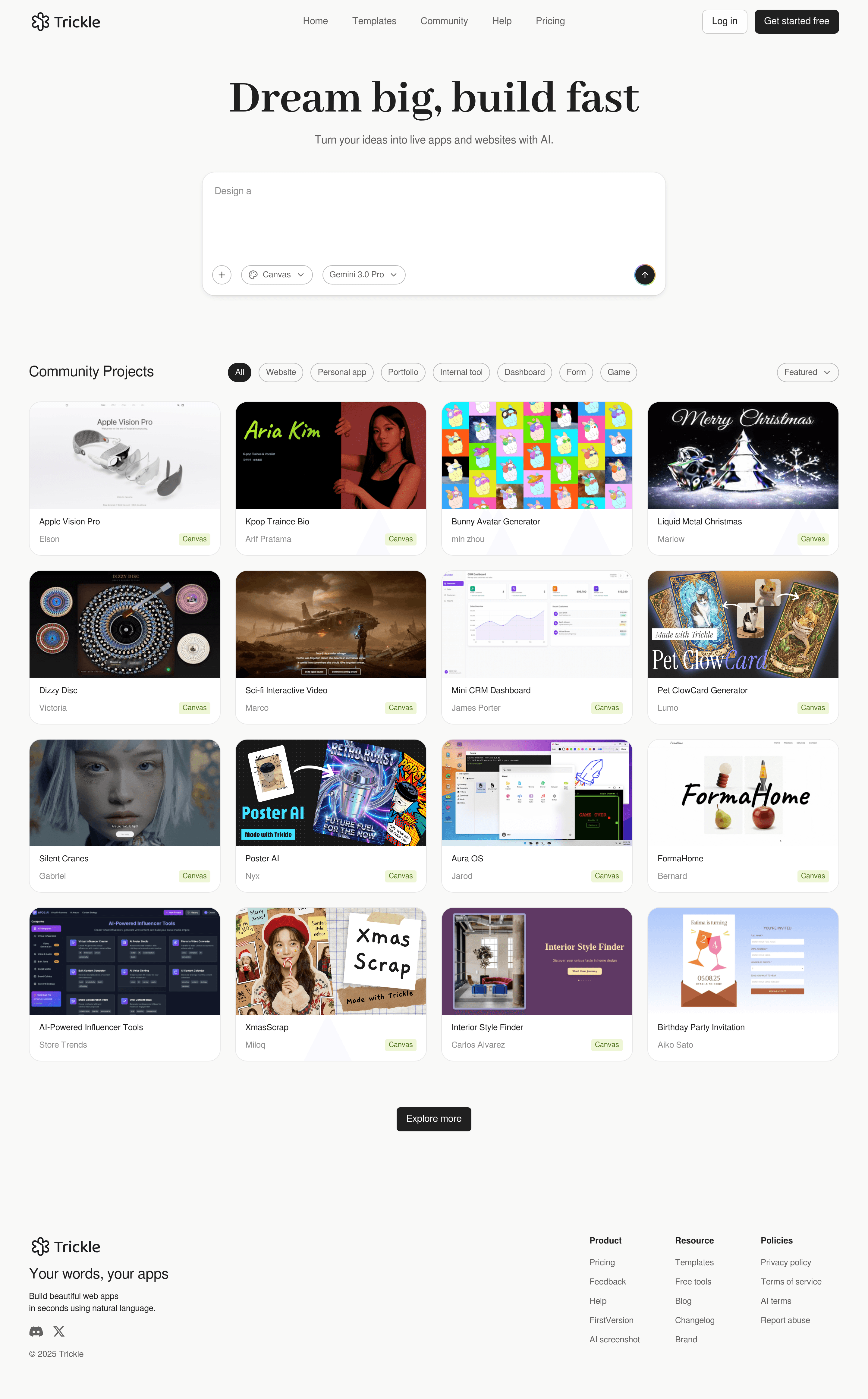 Trickle landing page screenshot