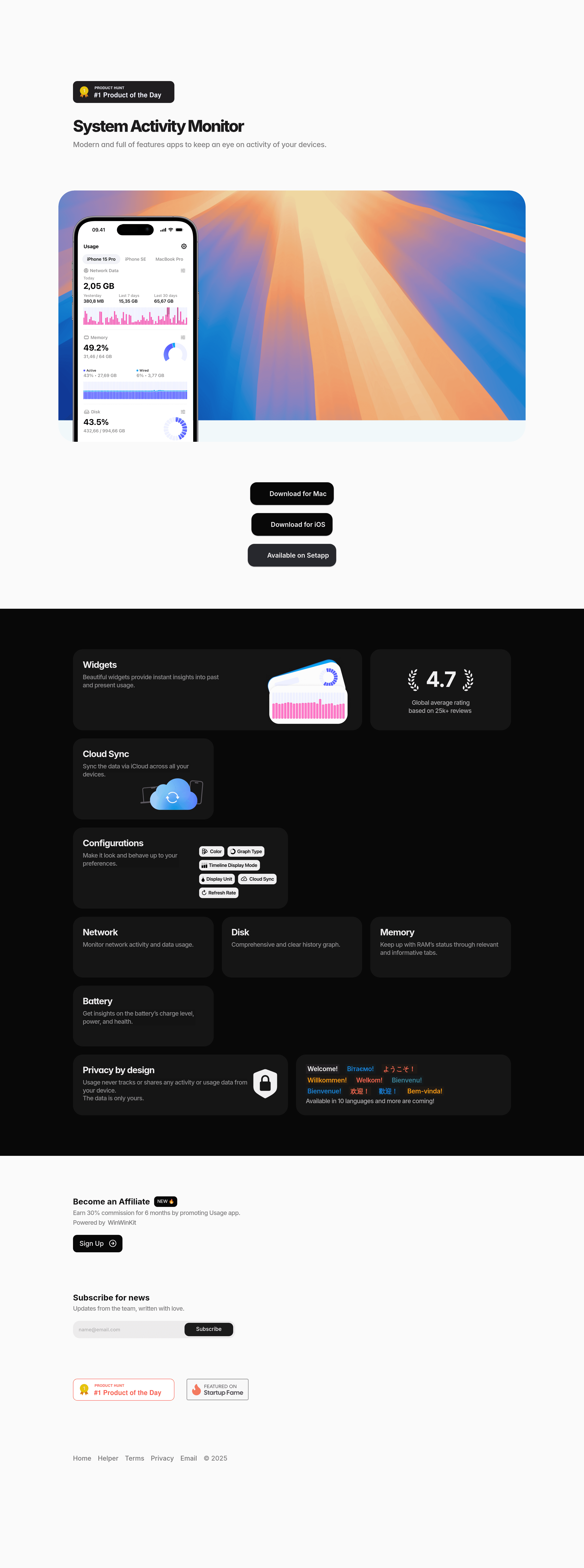 Usage startup landing page screenshot