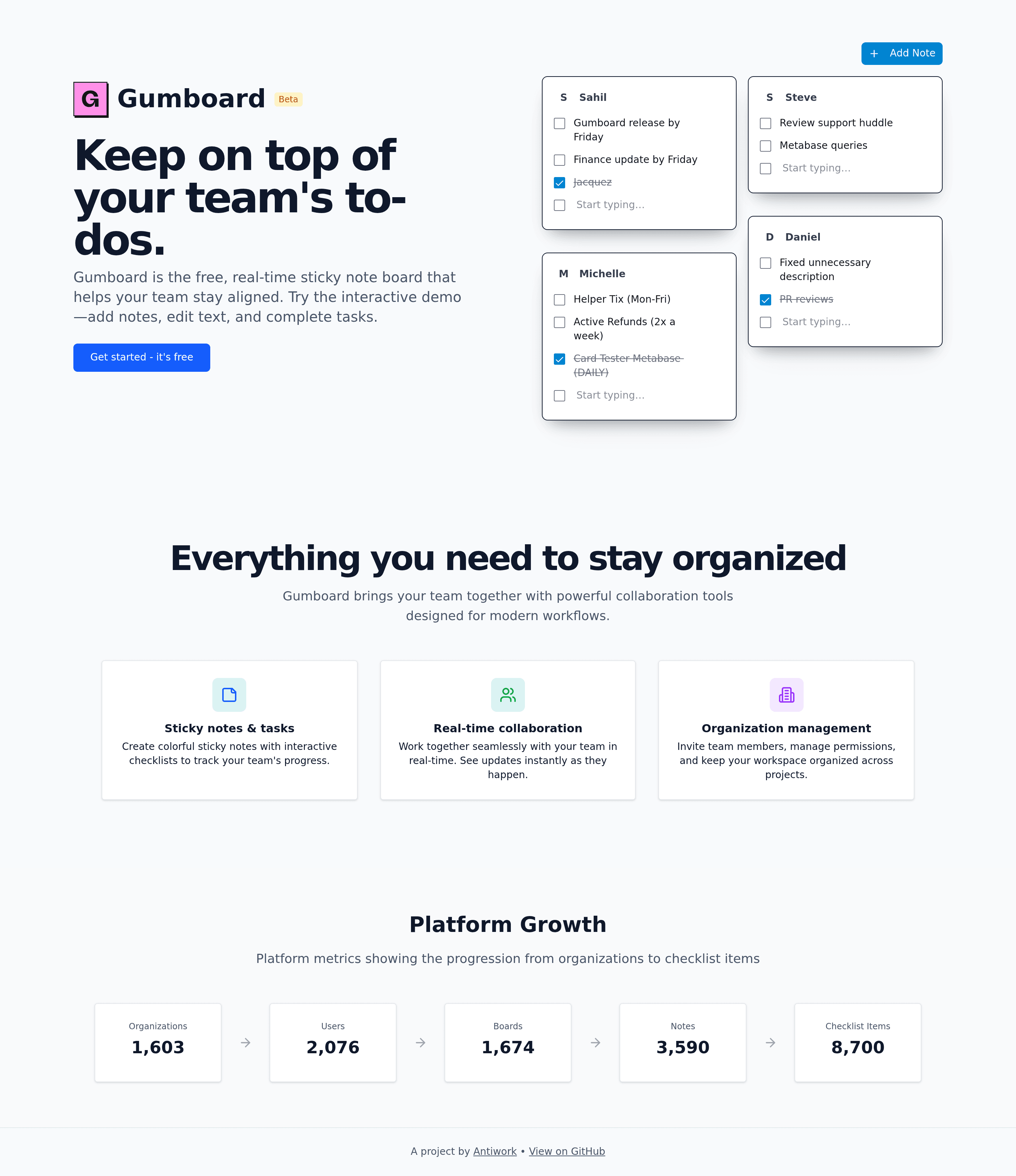 Gumboard startup landing page screenshot
